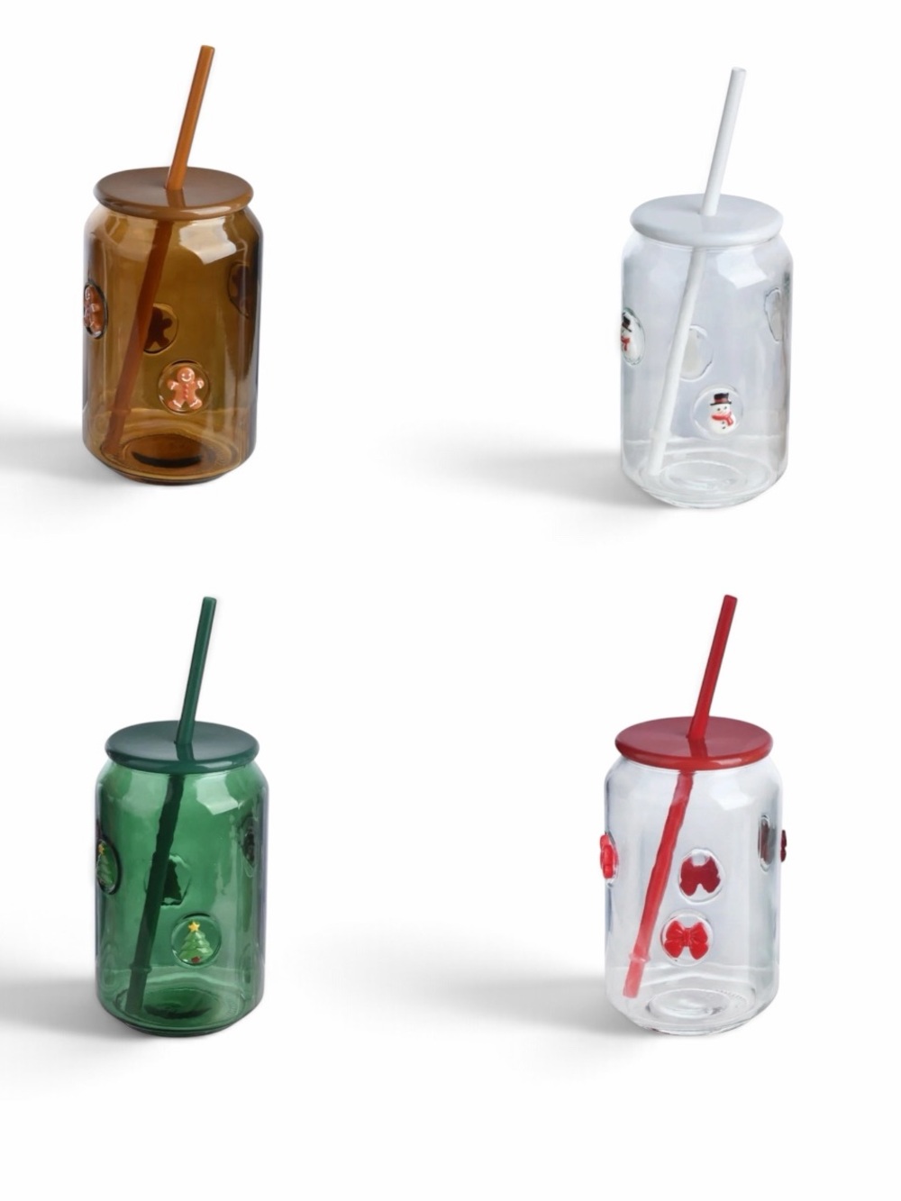 Christmas Theme Icon Glass Tumbler with Straw - Gingerbread, Snowman, Tree, Bow